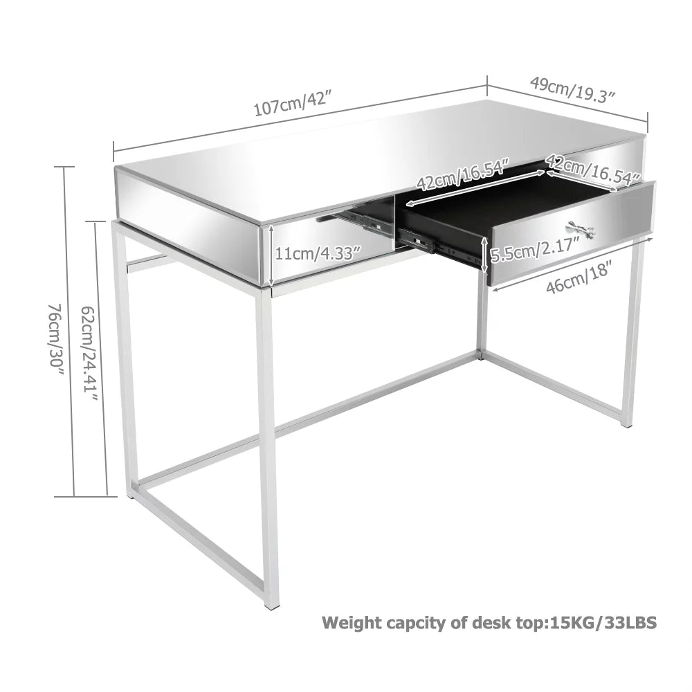 Mirror Table Dressing Table, Mirrored Glass Console Tables with Metal Frame, Silver T3873
