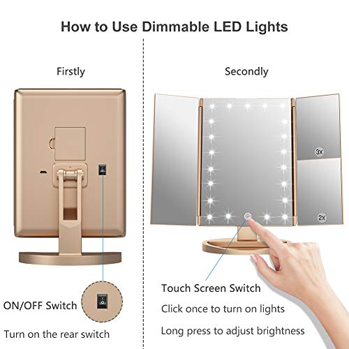 White Tri-Fold Makeup Mirror with 21 LED Lights and 1x/2x/3x Magnification L63026
