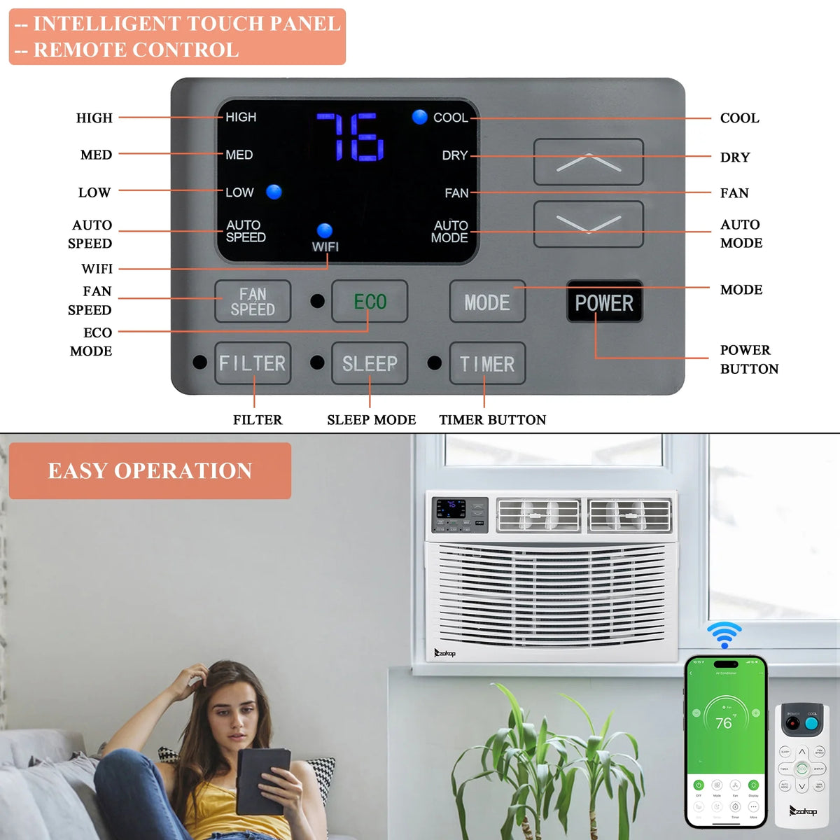 12000BTU 110V Window-Mounted Remote Control Air Conditioner, White E40186