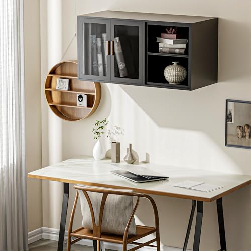 Black Over Toilet Wall Mounted Metal Cabinet with Two Glass Doors and Shelves U134