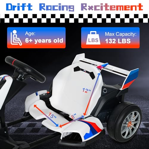 24V Electric Go Kart with Two 200W Motors, LED Lights, Adjustable Seat (White) B3334