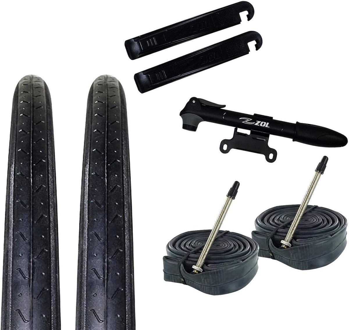 2 Pack Road Tires, 2 Bike Tubes 700x23C Presta/French, 2 Tire Levers and 1 Mini Pump Y641212