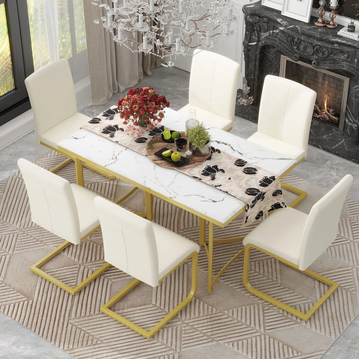 Gold Steel Dining Table Set for 6 with 6 PU Leather Chairs F274