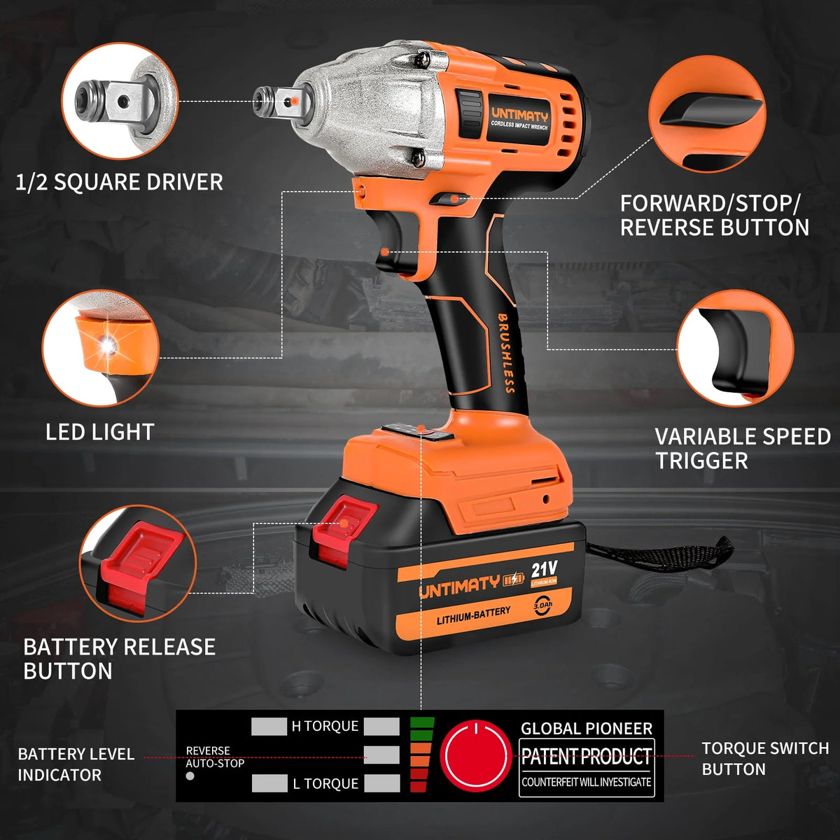 1/2 inch Brushless Cordless Impact Wrench with 3.0Ah Li-ion Battery & 7 Sockets G83893