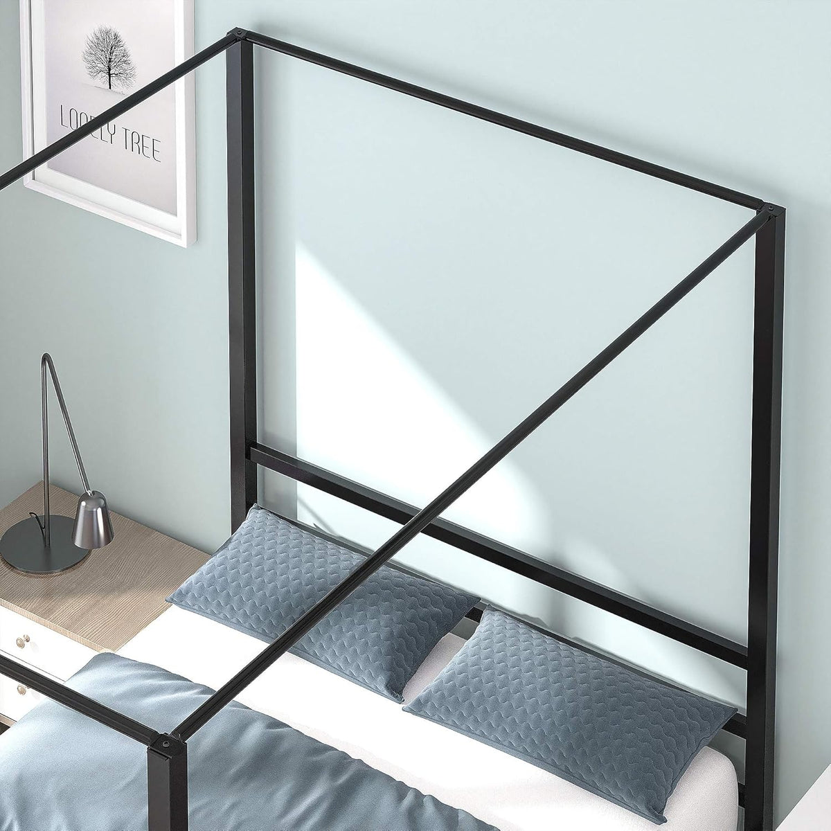 Queen Size Metal Canopy Bed Frame with Built-in Headboard Y398795