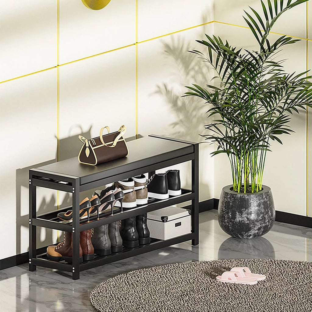 2-Tier Gray Shoe Rack Bench with Vegan Leather Seat Q85805