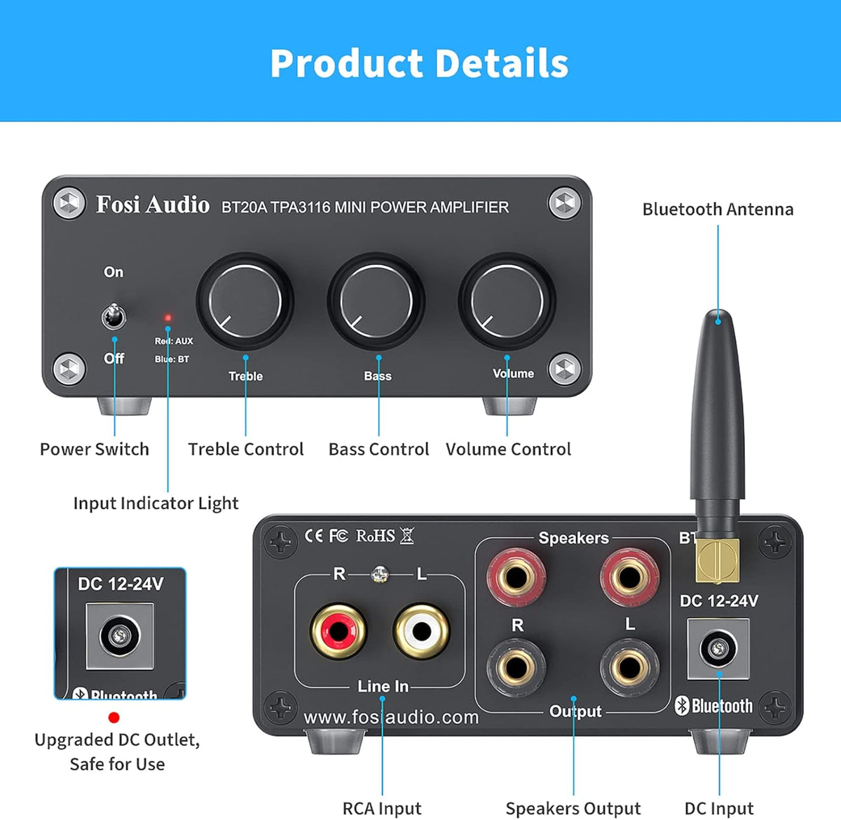 Bluetooth 5.0 Stereo Amplifier 100W x 2 with Power Supply, Pack of 2 K192