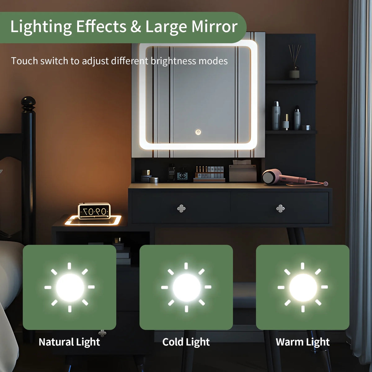 Black Dressing Table with Lighted Mirror, 4 Drawers and Stool V118