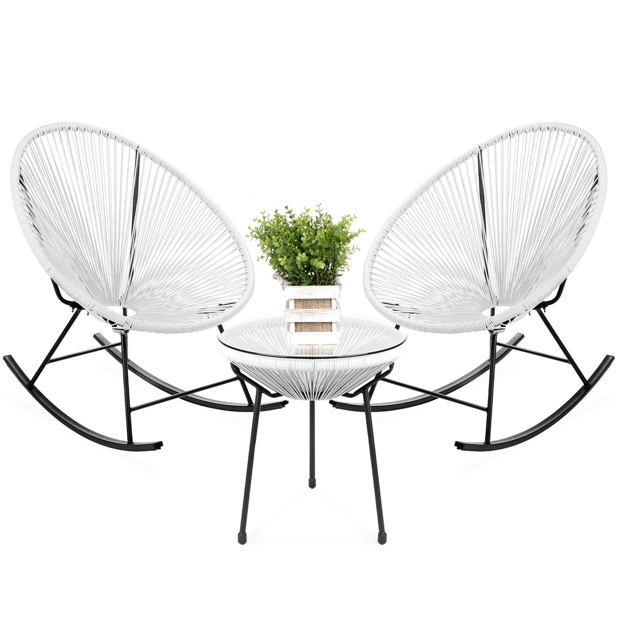 3-Piece White Patio Woven Rope Bistro Furniture Set with Rocking Chairs and Table J953