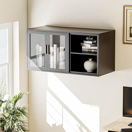 Black Over Toilet Wall Mounted Metal Cabinet with Two Glass Doors and Shelves U134