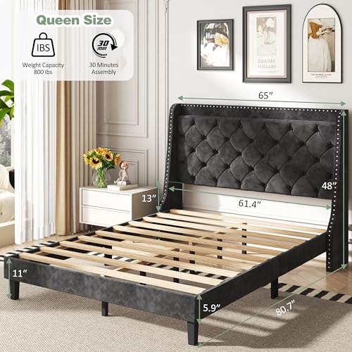 Queen Size Velvet Upholstered Platform Bed Frame with Storage C117883
