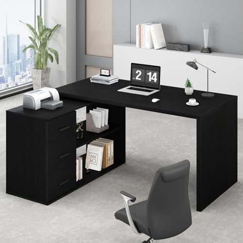Black L Shaped Computer Desk with Drawers, 55 Inch V256739