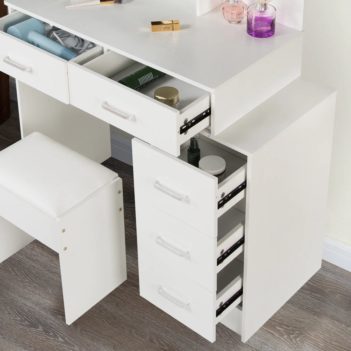 White Vanity Set with Lighted Mirror, Drawers and Stool G68881