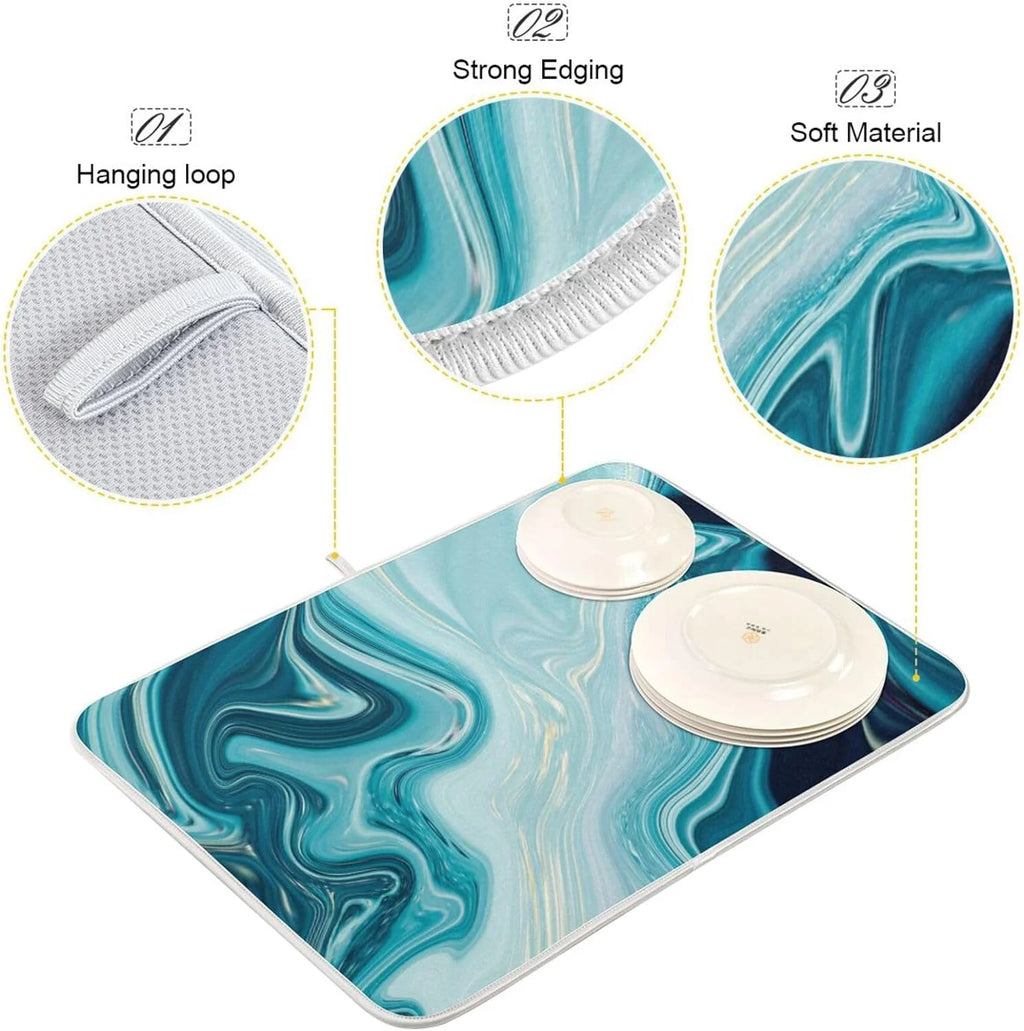 Blue Abstract Marble Dish Drying Mat (18x24Inch) J844