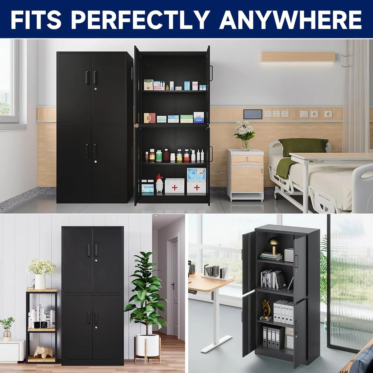 Black Metal Locking Storage Cabinet with 4 Doors and 2 Adjustable Shelves E8408