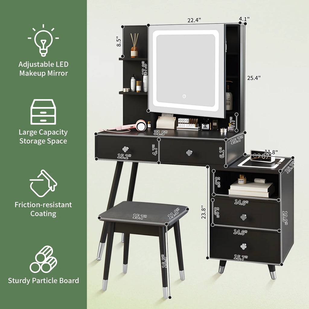 Black Dressing Table with Lighted Mirror, 4 Drawers and Stool V118