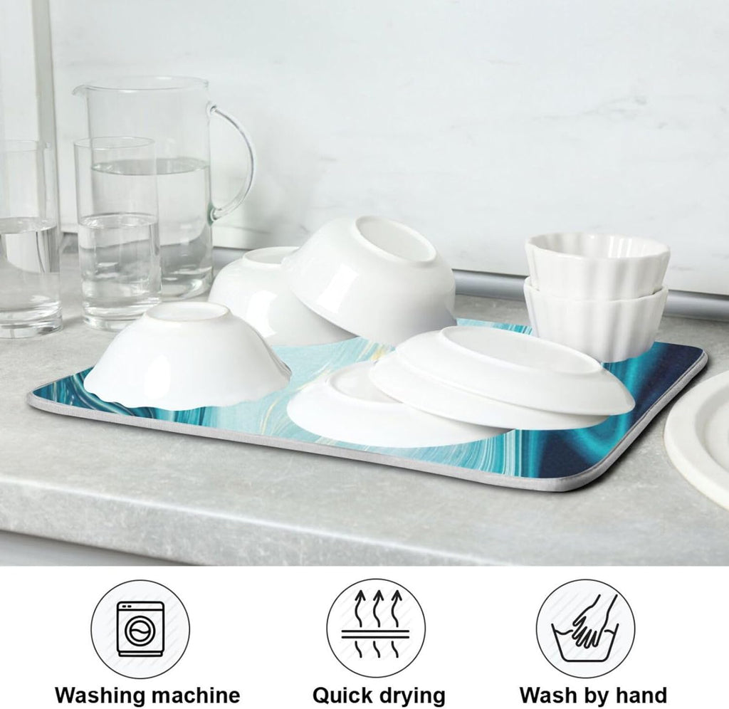 Blue Abstract Marble Dish Drying Mat (18x24Inch) J844