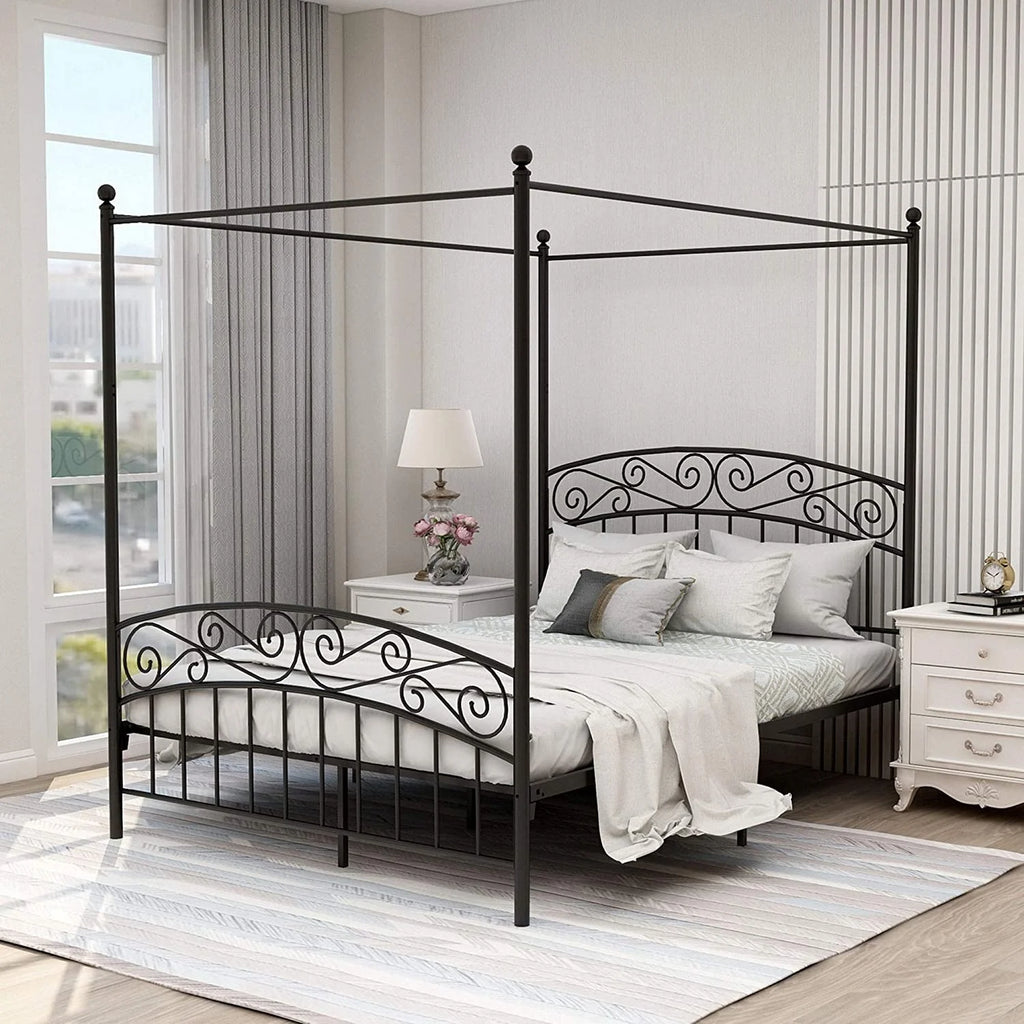 Queen Size Black Metal Canopy Bed Frame with Headboard Z370