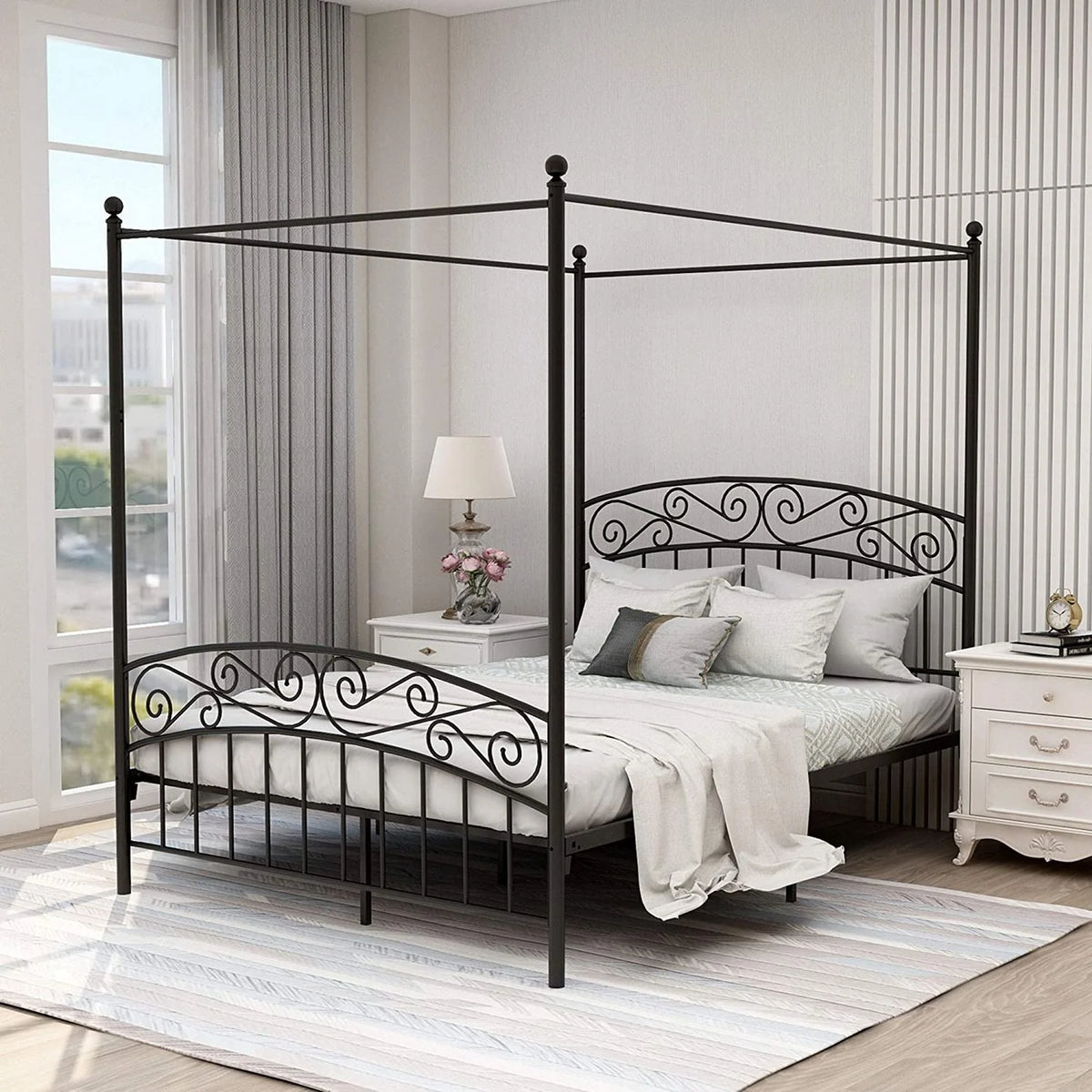 Queen Size Black Metal Canopy Bed Frame with Headboard Z370