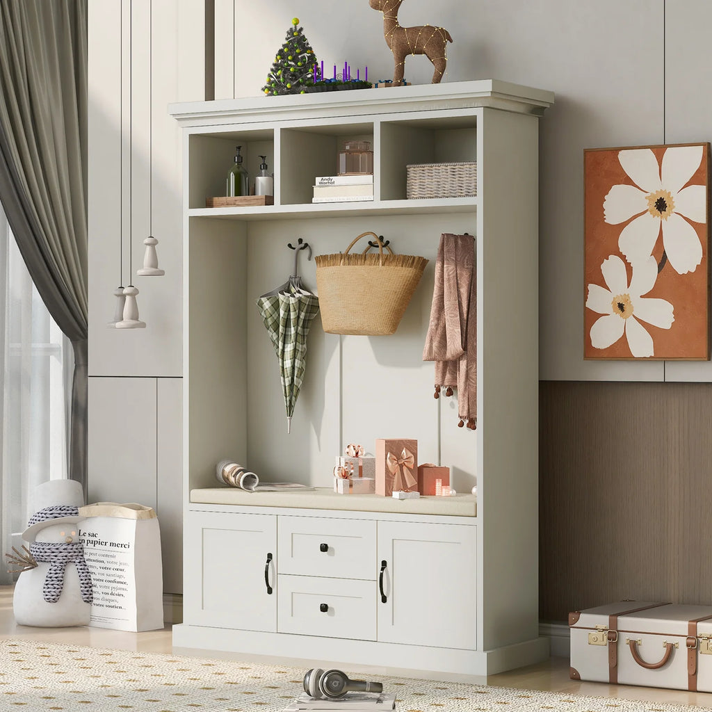 Beige Hall Tree with Upholstered Bench and Coat Rack Z73469