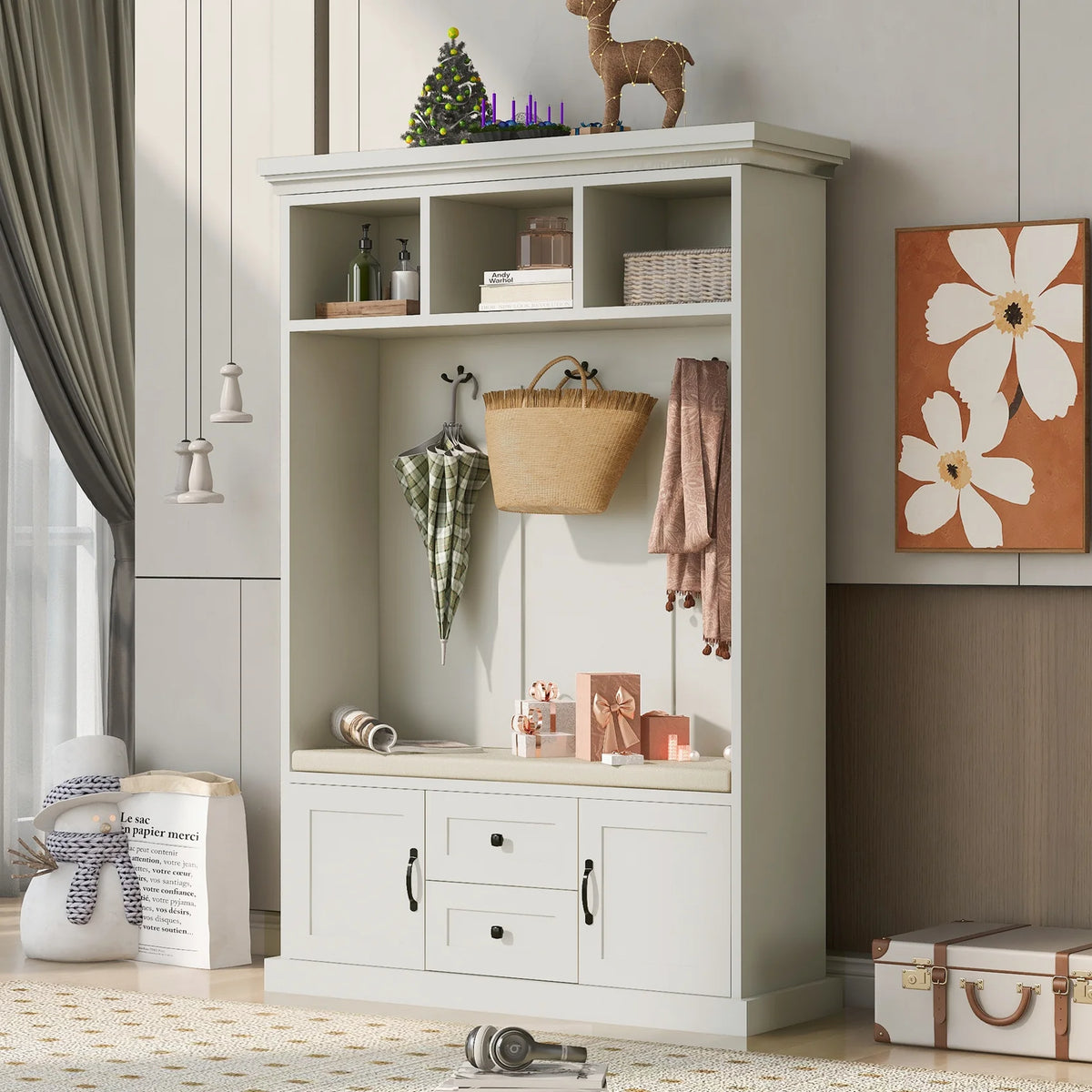 Beige Hall Tree with Upholstered Bench and Coat Rack Z73469