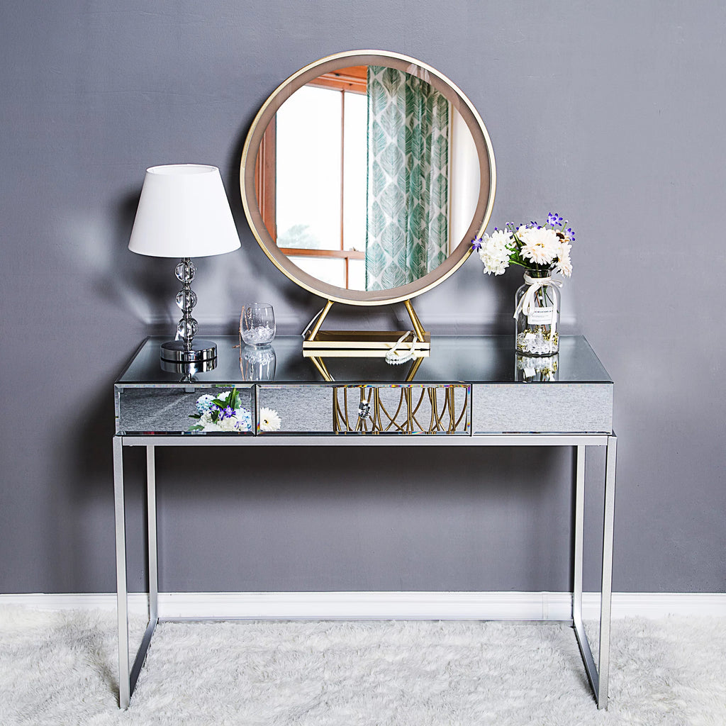 Mirror Table Dressing Table, Mirrored Glass Console Tables with Metal Frame, Silver T3873