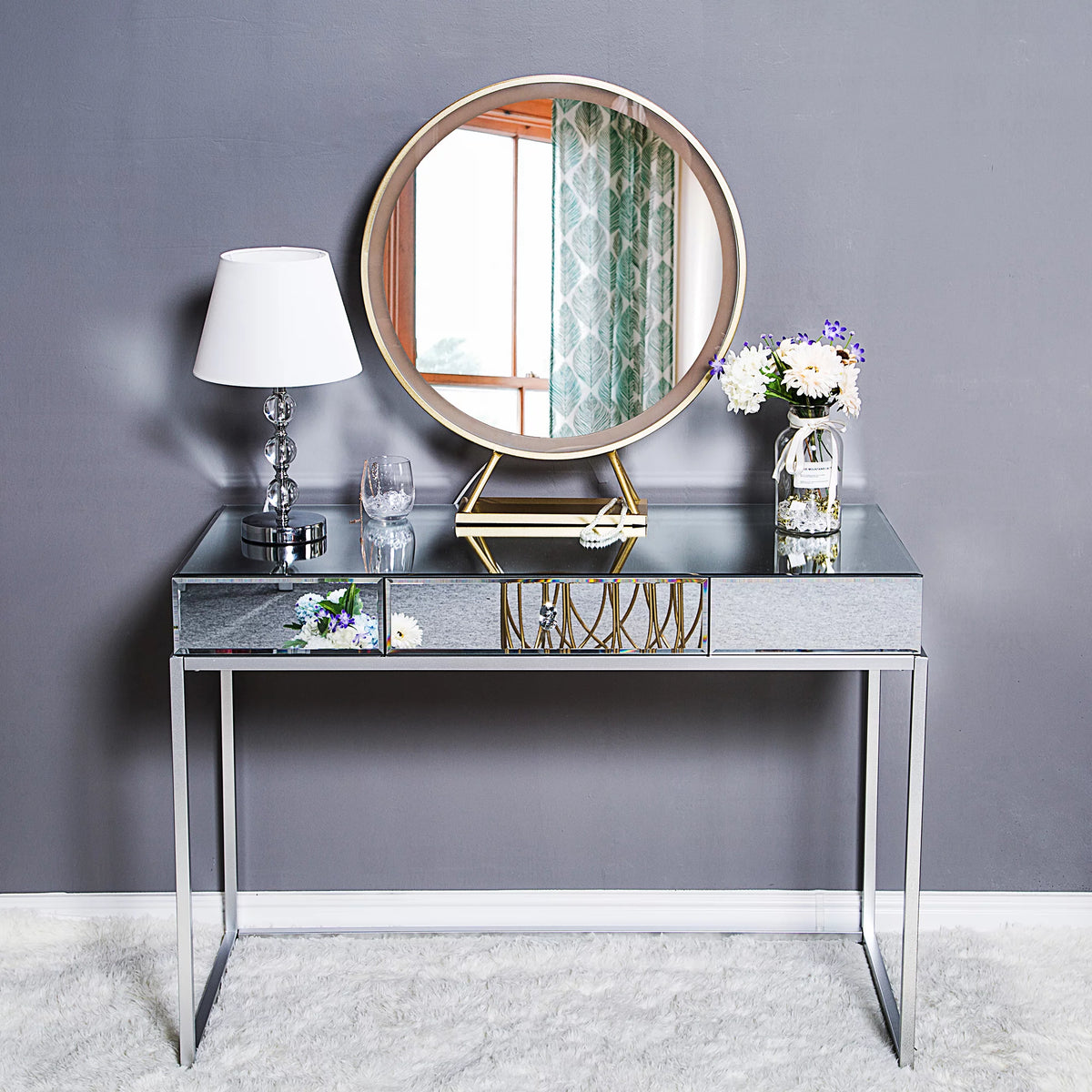 Mirror Table Dressing Table, Mirrored Glass Console Tables with Metal Frame, Silver T3873