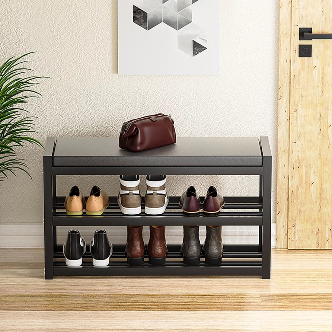 2-Tier Gray Shoe Rack Bench with Vegan Leather Seat Q85805