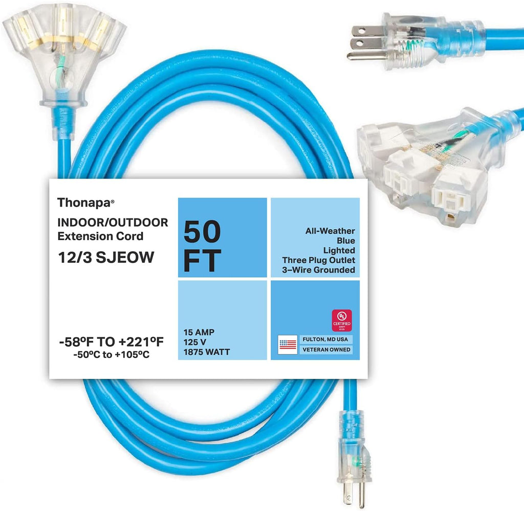 50 Ft All Weather Extension Cord with 3 Outlets, 12/3 SJEOW Heavy Duty Lighted Outdoor Cable E26360