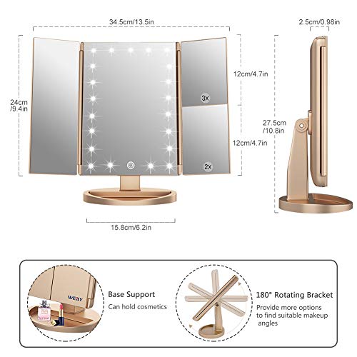 White Tri-Fold Makeup Mirror with 21 LED Lights and 1x/2x/3x Magnification L63026