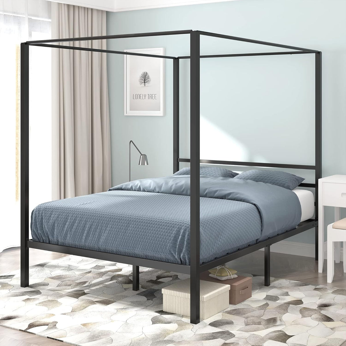 Queen Size Metal Canopy Bed Frame with Built-in Headboard Y398795