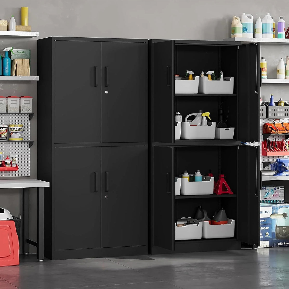 Black Metal Locking Storage Cabinet with 4 Doors and 2 Adjustable Shelves E8408