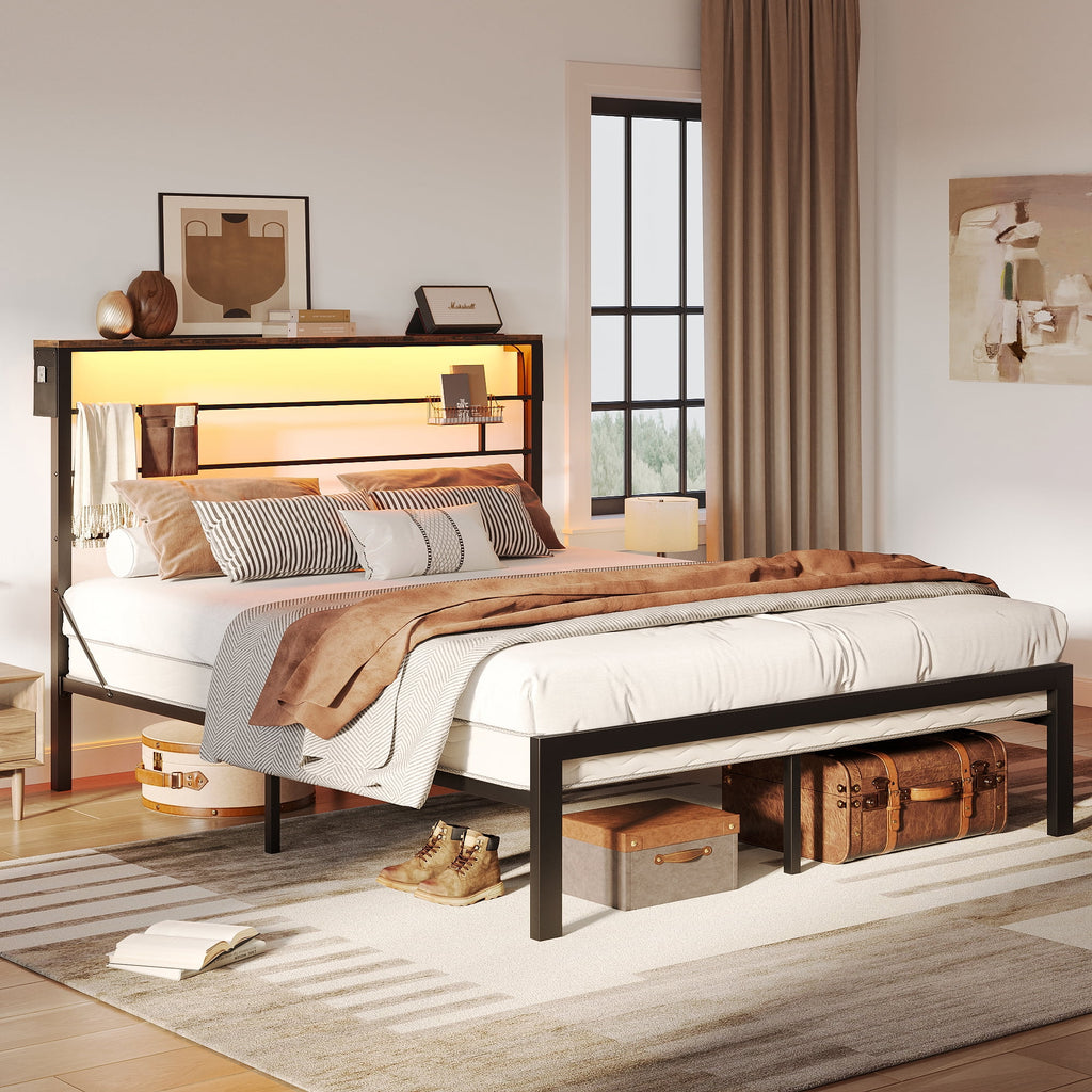 Queen Size Black Metal Platform Bed Frame with LED Storage Headboard X478