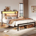 Queen Size Black Metal Platform Bed Frame with LED Storage Headboard X478