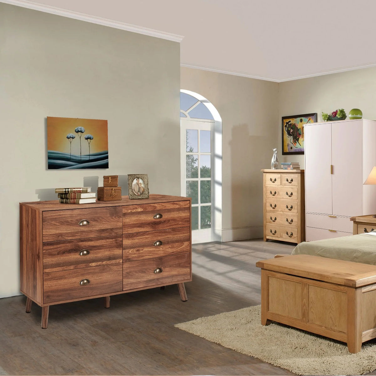 Wood 6 Drawer Dresser with Metal Handles T560
