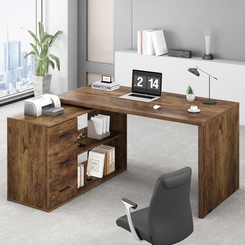 Black L Shaped Computer Desk with Drawers, 55 Inch V256739