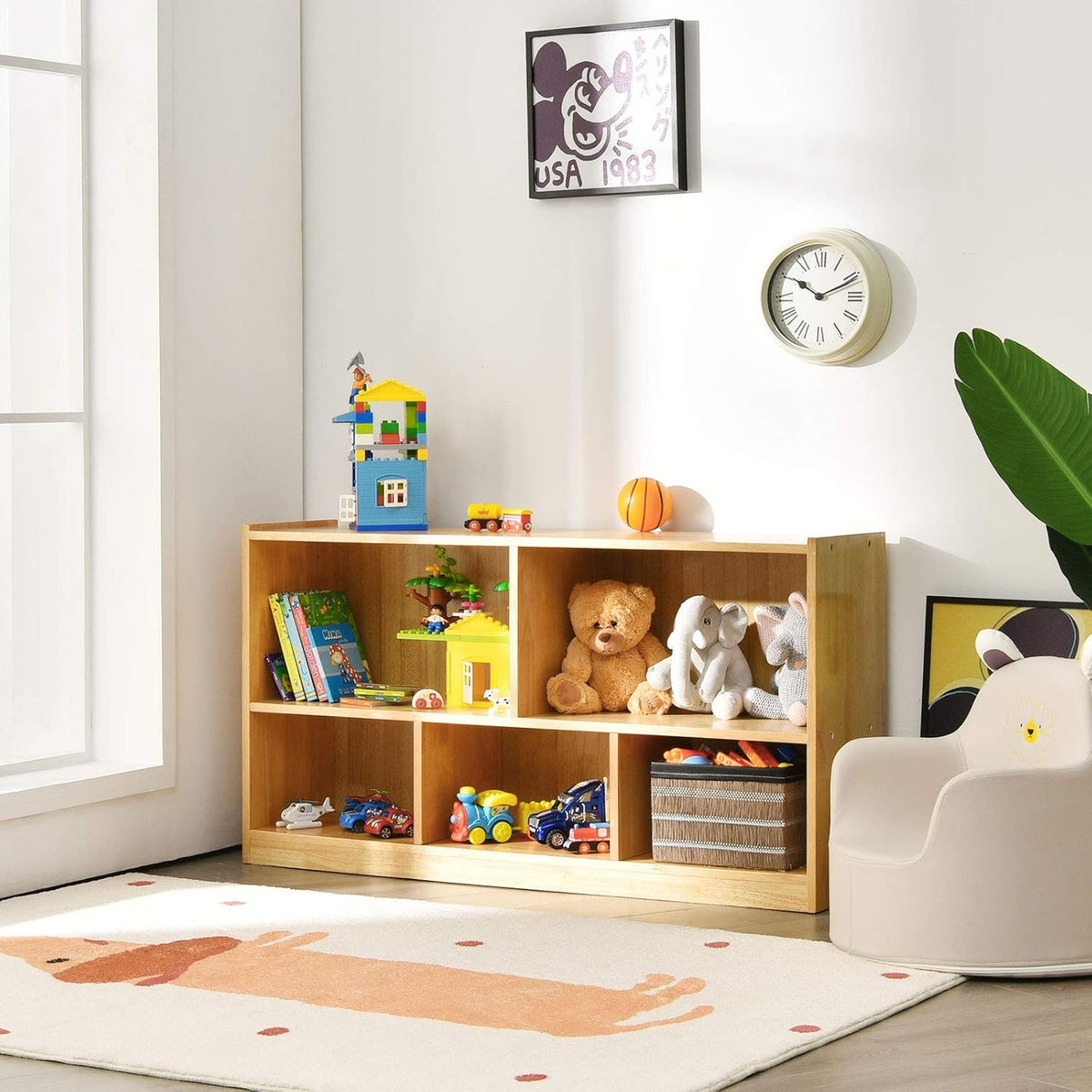 Natural Wooden 2 Tier 5 Cube Bookcase Y228