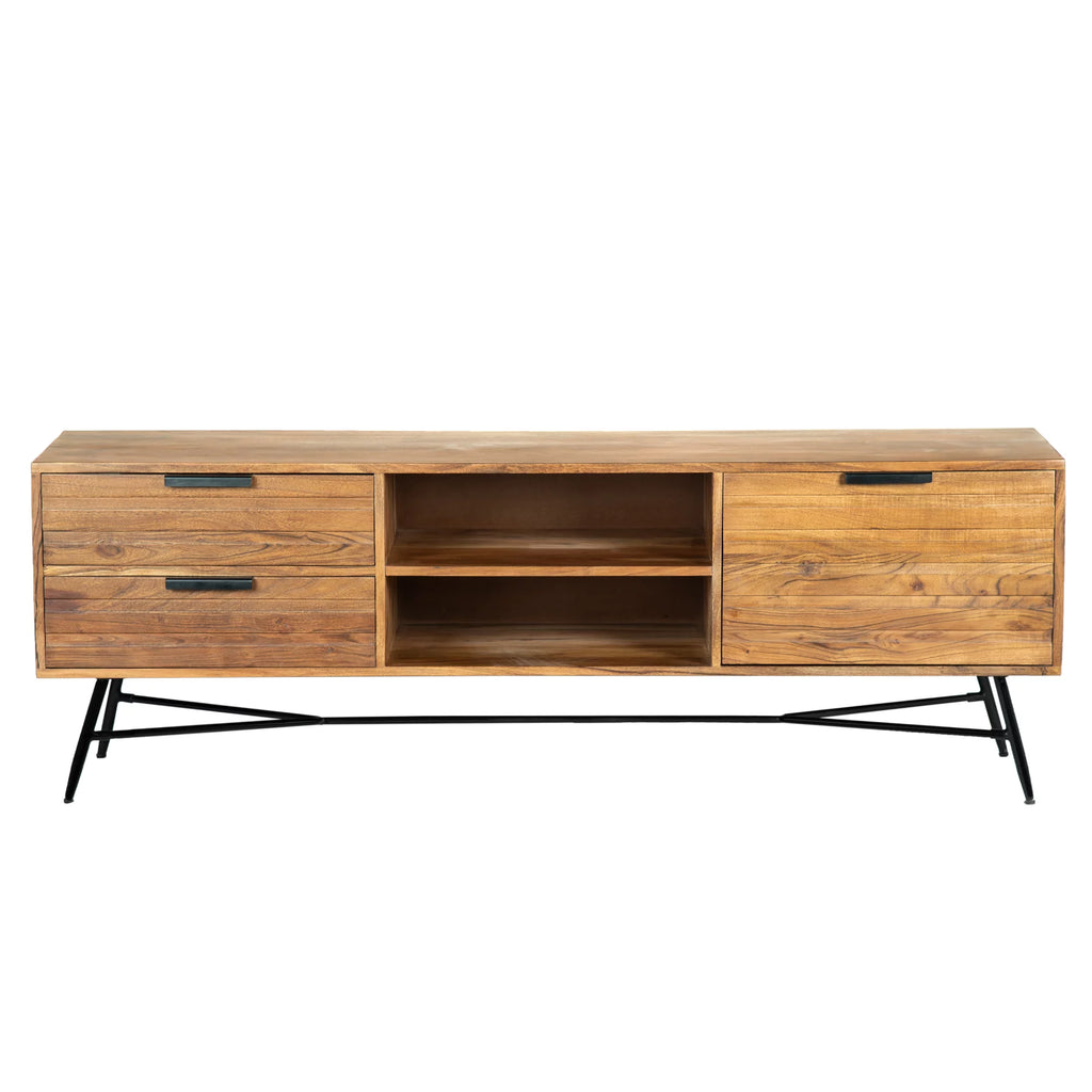 Wooden Media Console with Slanted Metal Base, Brown and Black Q6010