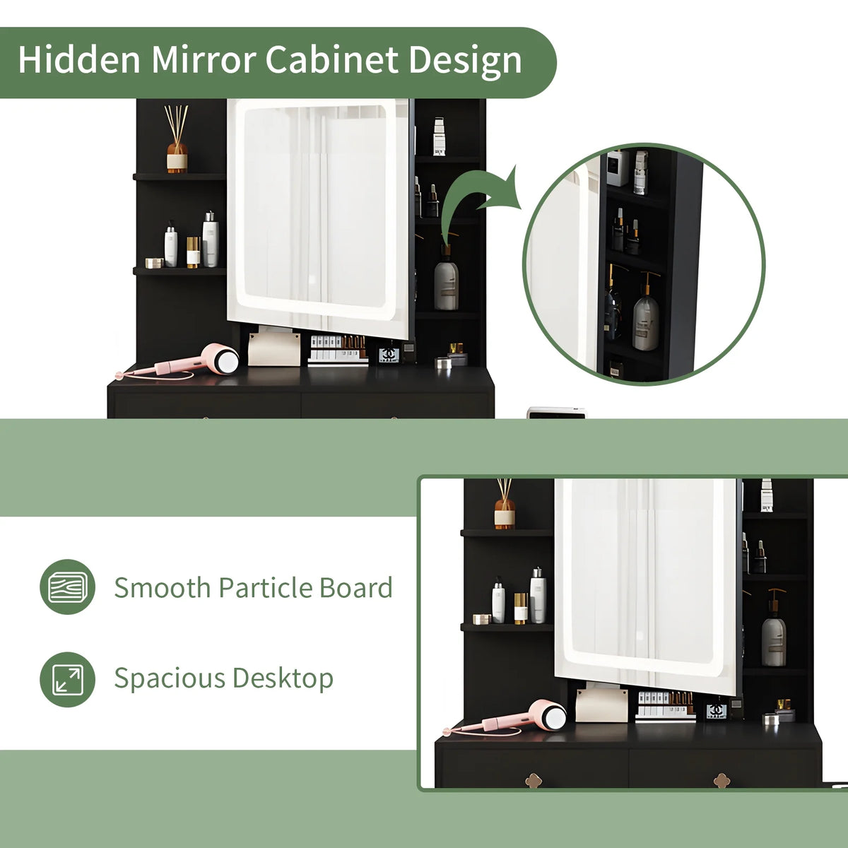 Black Dressing Table with Lighted Mirror, 4 Drawers and Stool V118