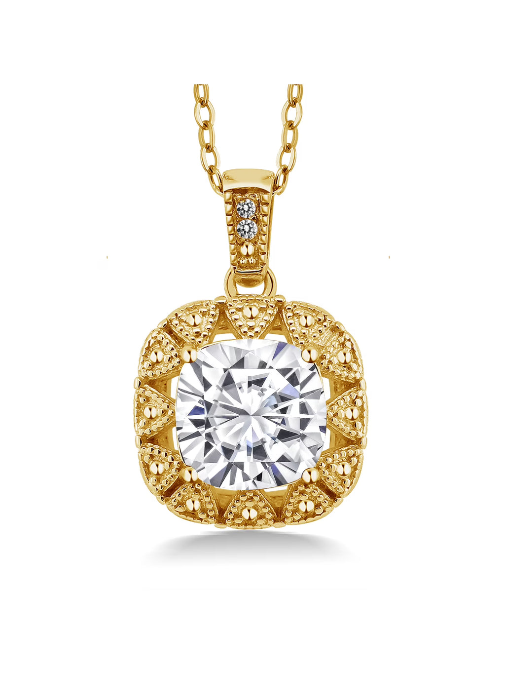 18K Yellow Gold Plated Silver White Moissanite and White Diamond Pendant Necklace (2.41 Cttw, Cushion 8MM, with 18 inch Chain) W845
