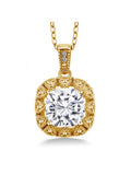18K Yellow Gold Plated Silver White Moissanite and White Diamond Pendant Necklace (2.41 Cttw, Cushion 8MM, with 18 inch Chain) W845