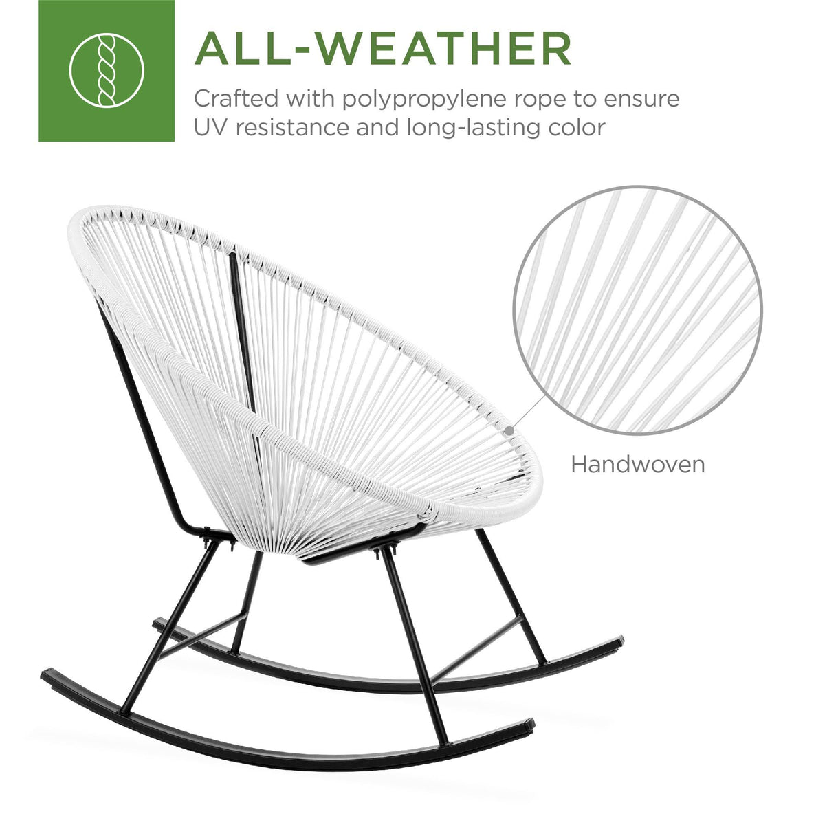 3-Piece White Patio Woven Rope Bistro Furniture Set with Rocking Chairs and Table J953