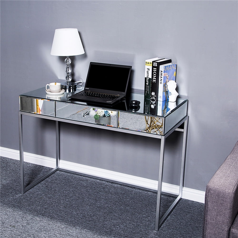 Mirror Table Dressing Table, Mirrored Glass Console Tables with Metal Frame, Silver T3873