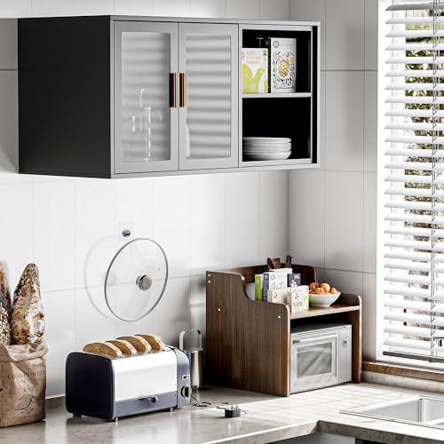 Black Over Toilet Wall Mounted Metal Cabinet with Two Glass Doors and Shelves U134
