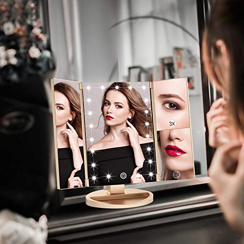 White Tri-Fold Makeup Mirror with 21 LED Lights and 1x/2x/3x Magnification L63026