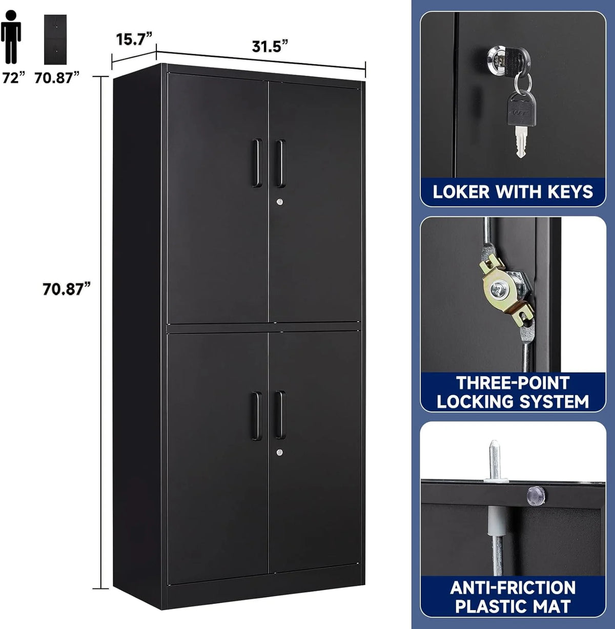 Black Metal Locking Storage Cabinet with 4 Doors and 2 Adjustable Shelves E8408