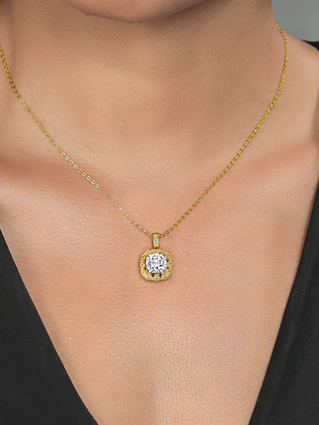 18K Yellow Gold Plated Silver White Moissanite and White Diamond Pendant Necklace (2.41 Cttw, Cushion 8MM, with 18 inch Chain) W845