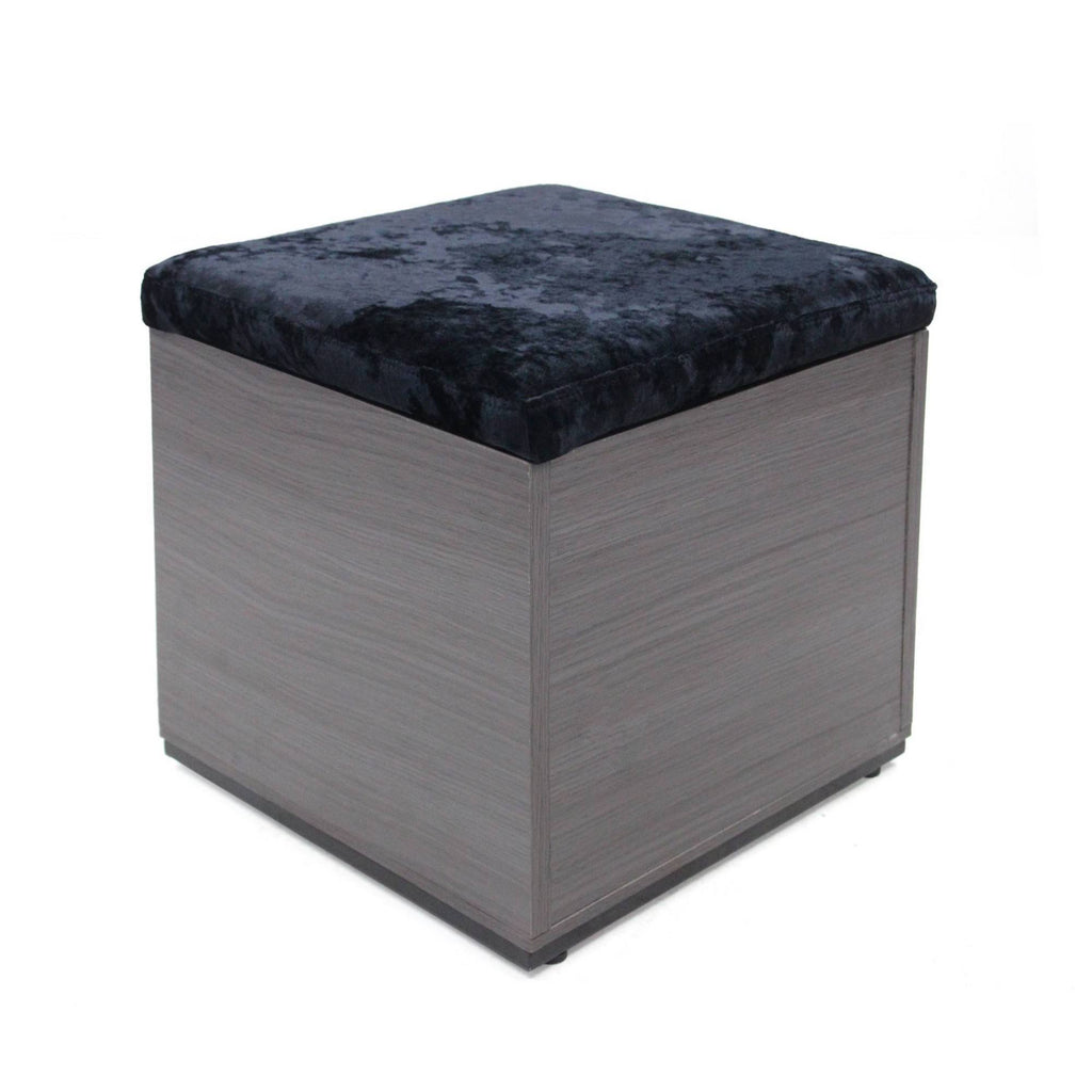 Black Gray Velvet Ottoman with Faux Wood Frame A274