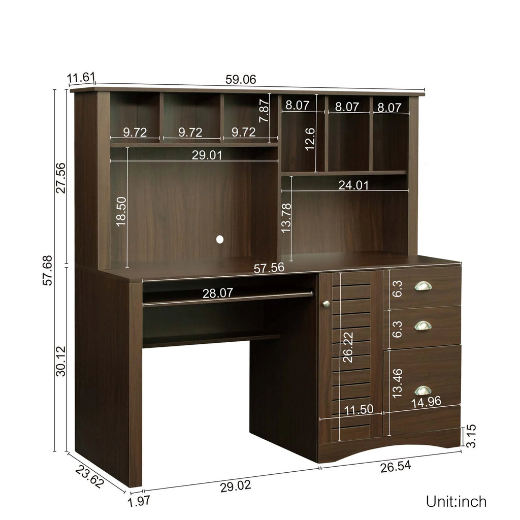 Walnut Computer Desk with Hutch and 3 Drawers U92458