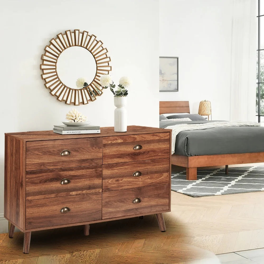 Wood 6 Drawer Dresser with Metal Handles T560